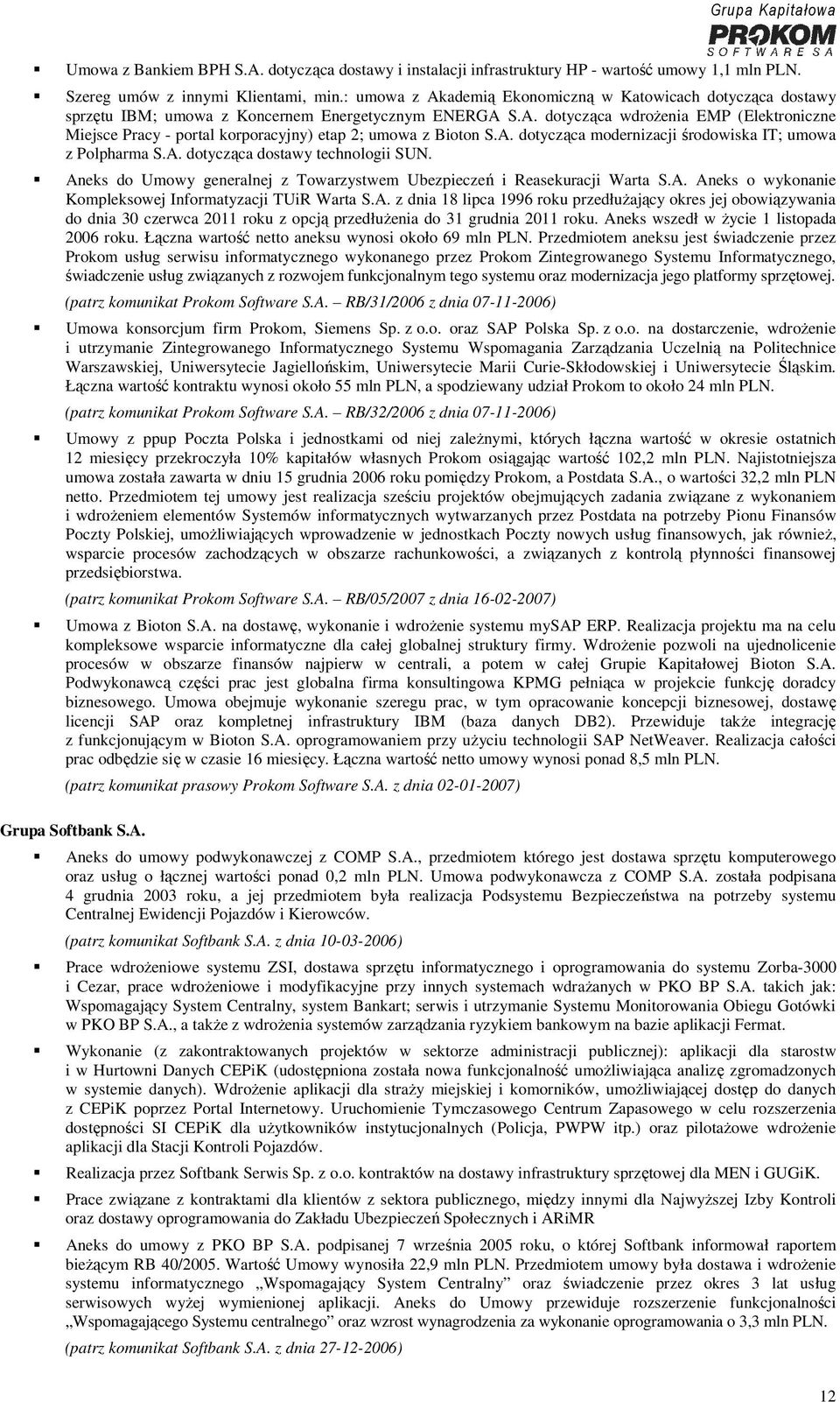A. dotycząca modernizacji środowiska IT; umowa z Polpharma S.A. dotycząca dostawy technologii SUN. Aneks do Umowy generalnej z Towarzystwem Ubezpieczeń i Reasekuracji Warta S.A. Aneks o wykonanie Kompleksowej Informatyzacji TUiR Warta S.