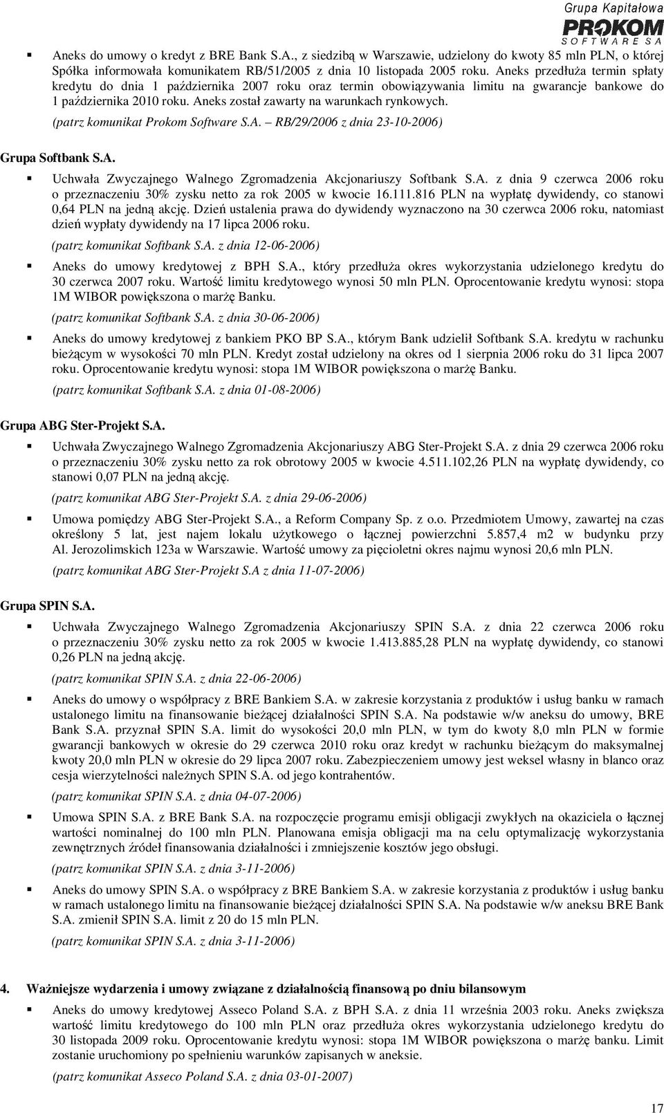 (patrz komunikat Prokom Software S.A. RB/29/2006 z dnia 23-10-2006) Grupa Softbank S.A. Uchwała Zwyczajnego Walnego Zgromadzenia Akcjonariuszy Softbank S.A. z dnia 9 czerwca 2006 roku o przeznaczeniu 30% zysku netto za rok 2005 w kwocie 16.