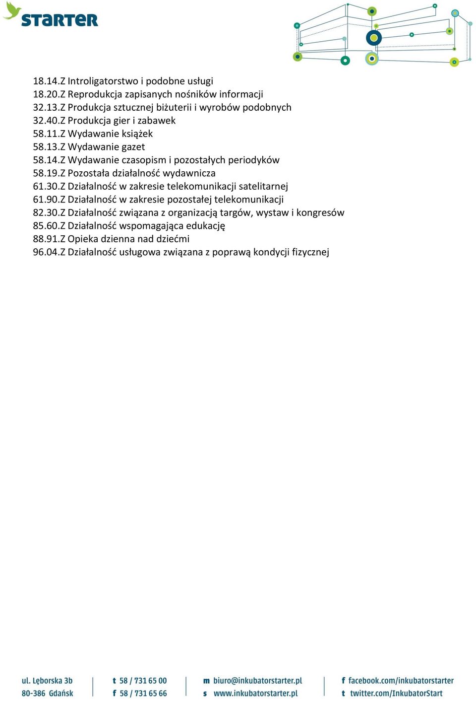 Z Pozostała działalność wydawnicza 61.30.Z Działalność w zakresie telekomunikacji satelitarnej 61.90.Z Działalność w zakresie pozostałej telekomunikacji 82.30.Z Działalność związana z organizacją targów, wystaw i kongresów 85.