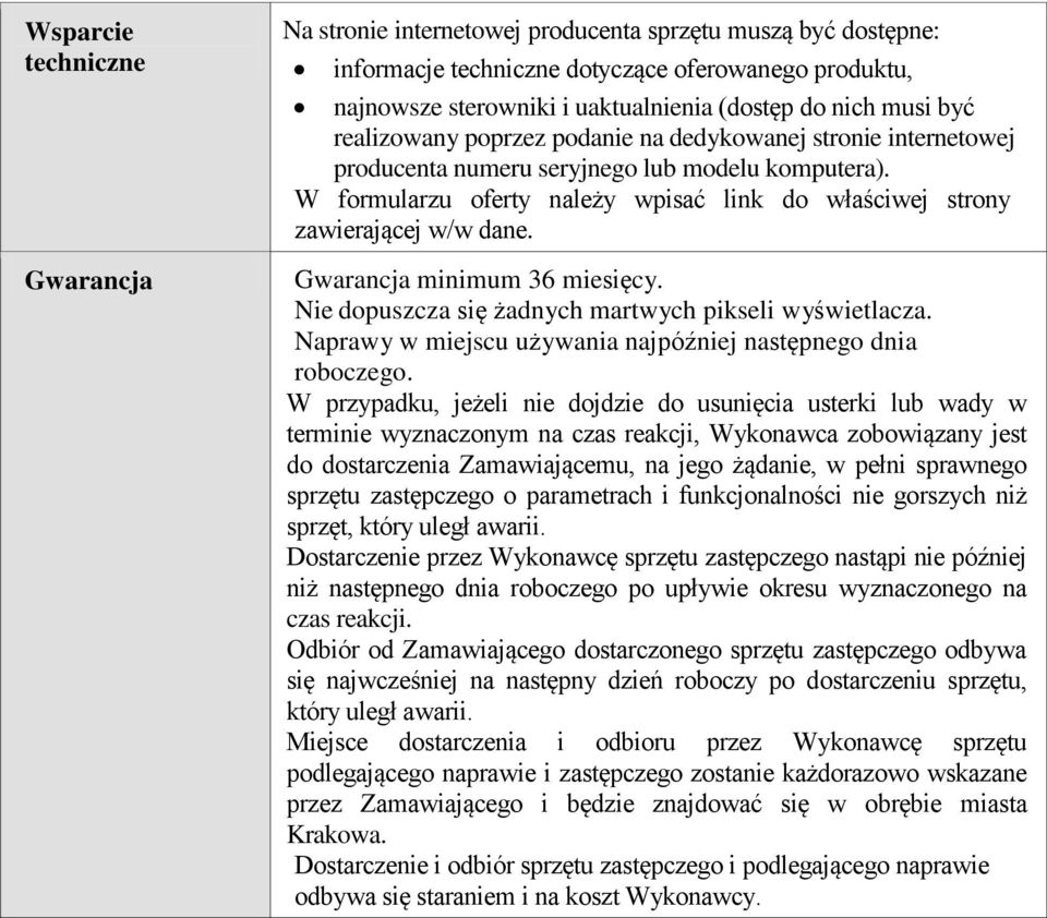 W formularzu oferty należy wpisać link do właściwej strony zawierającej w/w dane. Gwarancja minimum 36 miesięcy. Nie dopuszcza się żadnych martwych pikseli wyświetlacza.