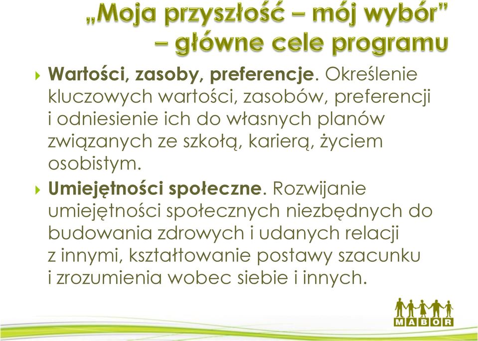 związanych ze szkołą, karierą, życiem osobistym. Umiejętności społeczne.