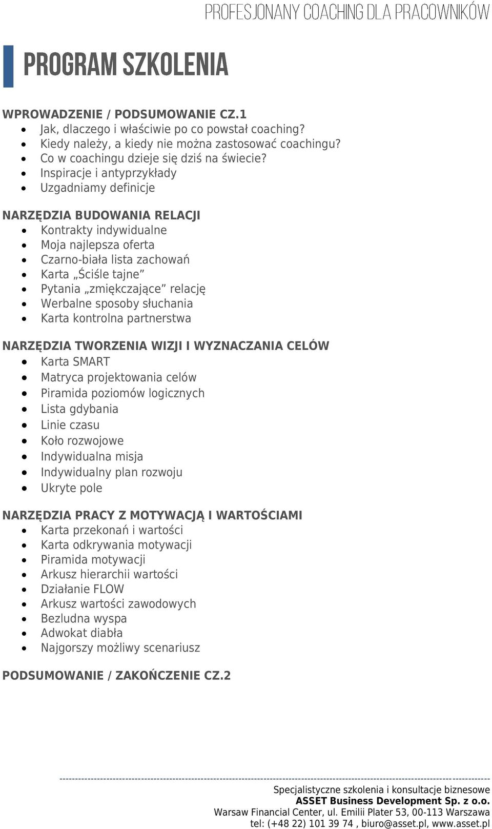 Werbalne sposoby słuchania Karta kontrolna partnerstwa NARZĘDZIA TWORZENIA WIZJI I WYZNACZANIA CELÓW Karta SMART Matryca projektowania celów Piramida poziomów logicznych Lista gdybania Linie czasu
