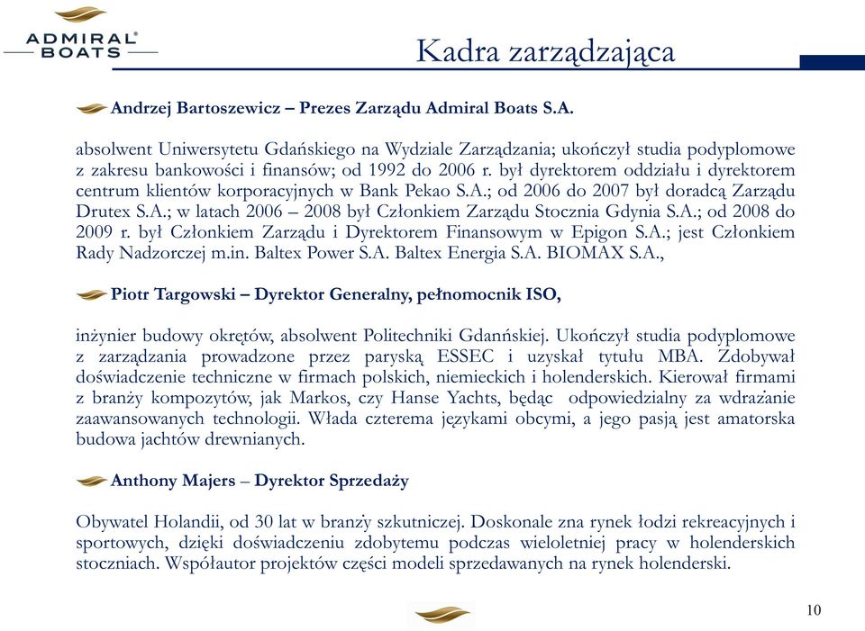 był Członkiem Zarządu i Dyrektorem Finansowym w Epigon S.A.; jest Członkiem Rady Nadzorczej m.in. Baltex Power S.A. Baltex Energia S.A. BIOMAX S.A., Piotr Targowski Dyrektor Generalny, pełnomocnik ISO, inżynier budowy okre tów, absolwent Politechniki Gdanńskiej.
