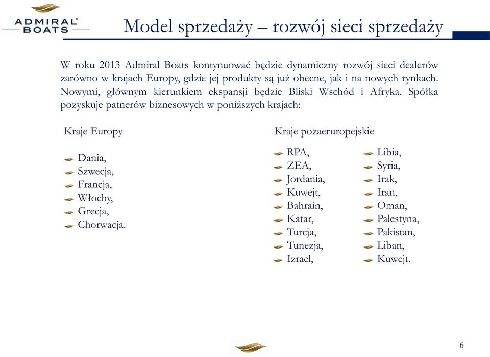 Spółka pozyskuje patnerów biznesowych w poniższych krajach: Kraje Europy Dania, Szwecja, Francja, Włochy, Grecja, Chorwacja.