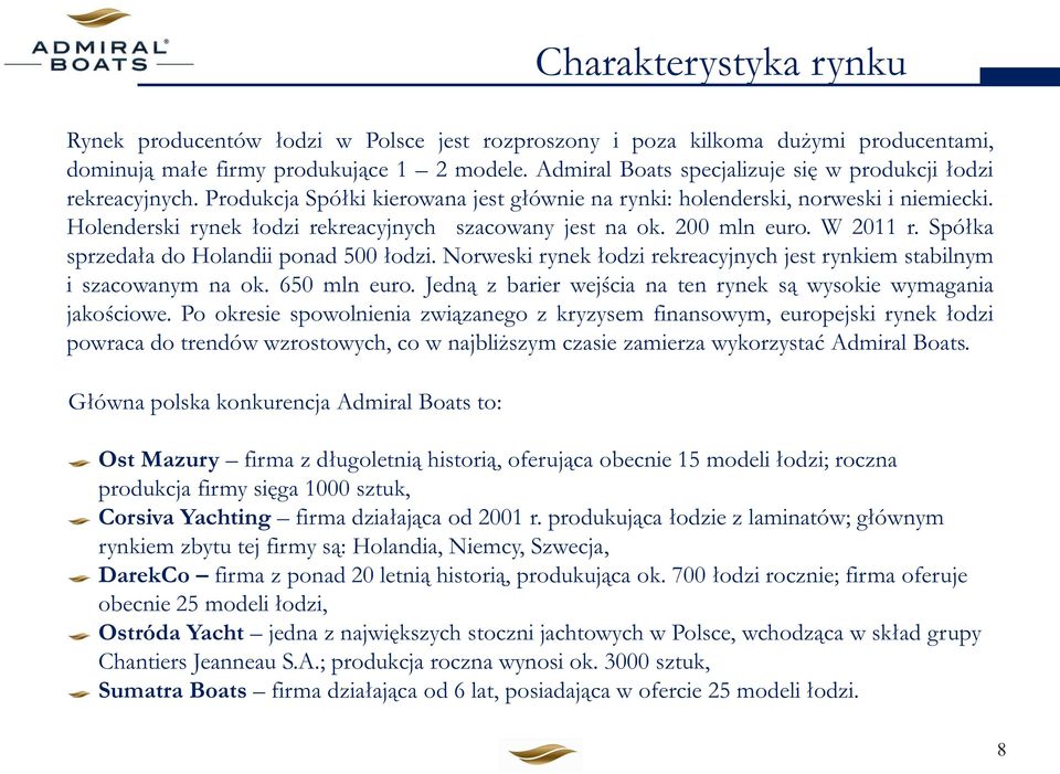 Holenderski rynek łodzi rekreacyjnych szacowany jest na ok. 200 mln euro. W 2011 r. Spółka sprzedała do Holandii ponad 500 łodzi.
