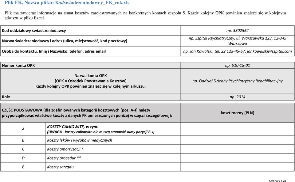 3302562 Nazwa świadczeniodawcy i adres (ulica, miejscowość, kod pocztowy) Osoba do kontaktu, Imię i Nazwisko, telefon, adres email np. Szpital Psychiatryczny, ul. Warszawska 123, 12-345 Warszawa np.