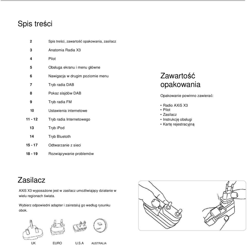 zawierać: Radio AXiS X3 Pilot Zasilacz Instrukcję obsługi Kartę rejestracyjną 14 Tryb Bluetoth 15-17 Odtwarzanie z sieci 18-19 Rozwiązywanie problemów Zasilacz