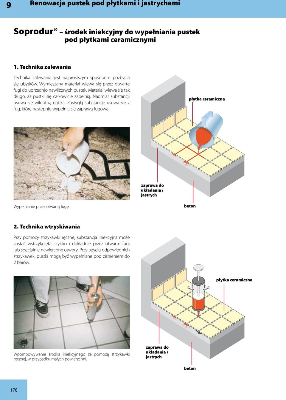 Zastygłą substancję usuwa się z fug, które następnie wypełnia się zaprawą fugową. układania / Wypełnianie przez otwartą fugę. beton 2.