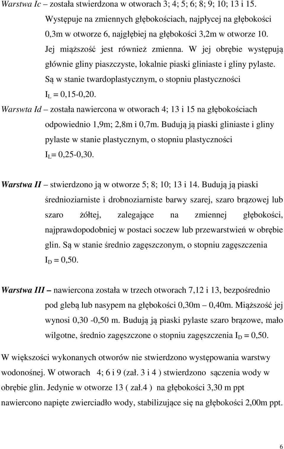 Są w stanie twardoplastycznym, o stopniu plastyczności I L = 0,15-0,20. Warswta Id została nawiercona w otworach 4; 13 i 15 na głębokościach odpowiednio 1,9m; 2,8m i 0,7m.