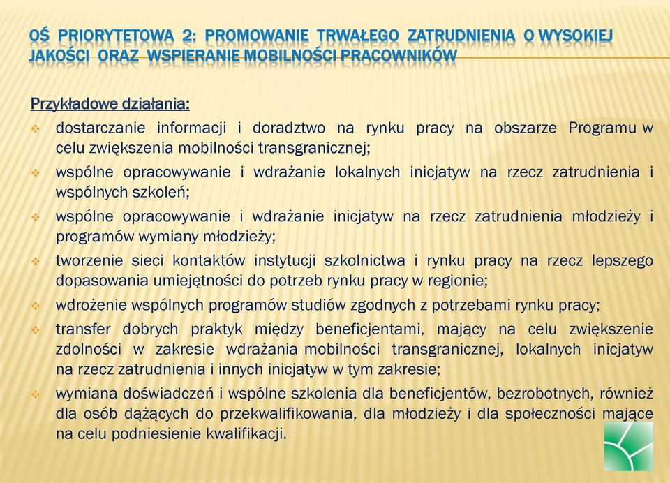 rzecz zatrudnienia młodzieży i programów wymiany młodzieży; tworzenie sieci kontaktów instytucji szkolnictwa i rynku pracy na rzecz lepszego dopasowania umiejętności do potrzeb rynku pracy w