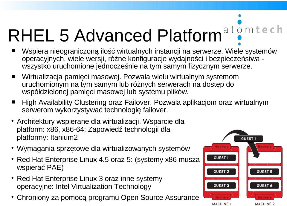 Pozwala wielu wirtualnym systemom uruchomionym na tym samym lub różnych serwerach na dostęp do współdzielonej pamięci masowej lub systemu plików. High Availability Clustering oraz Failover.