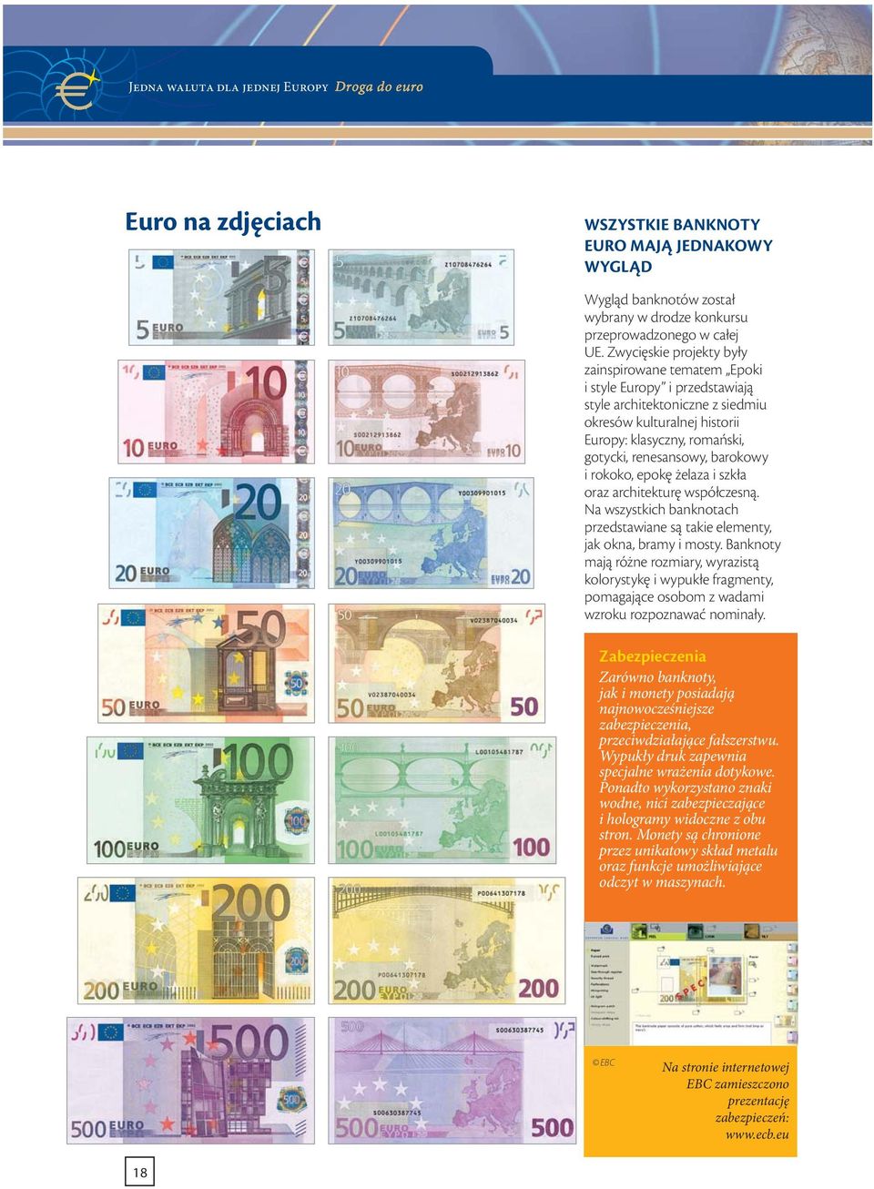 barokowy i rokoko, epokę żelaza i szkła oraz architekturę współczesną. Na wszystkich banknotach przedstawiane są takie elementy, jak okna, bramy i mosty.