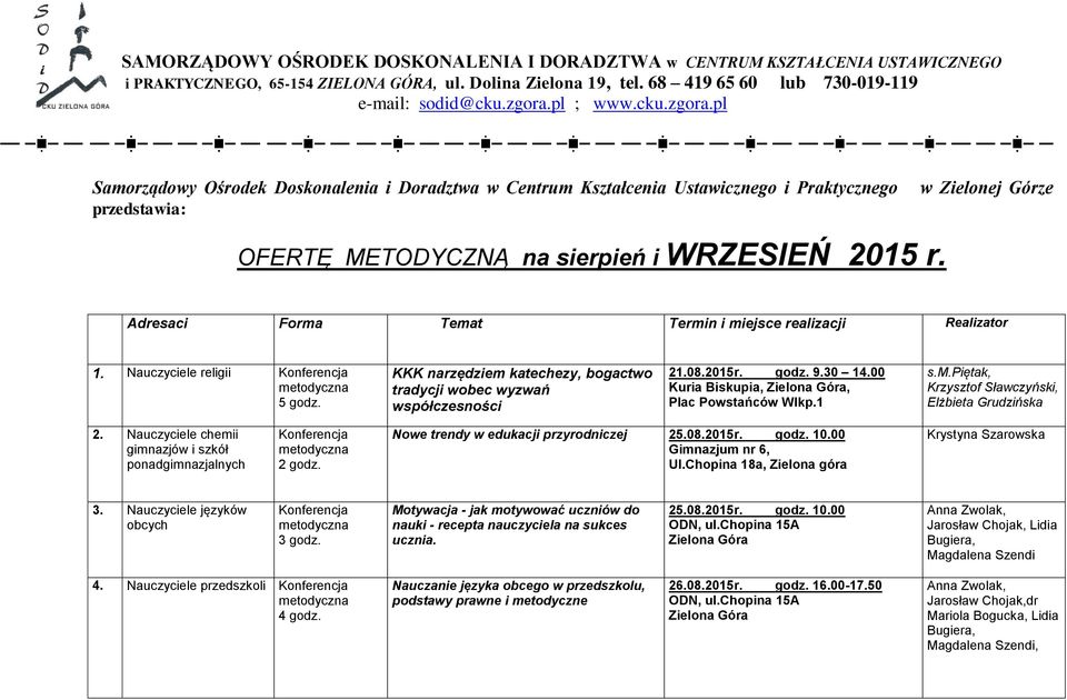 Adresaci Forma Temat Termin i miejsce realizacji Realizator 1. Nauczyciele religii 5 godz. KKK narzędziem katechezy, bogactwo tradycji wobec wyzwań współczesności 21.08.2015r. godz. 9.30 14.