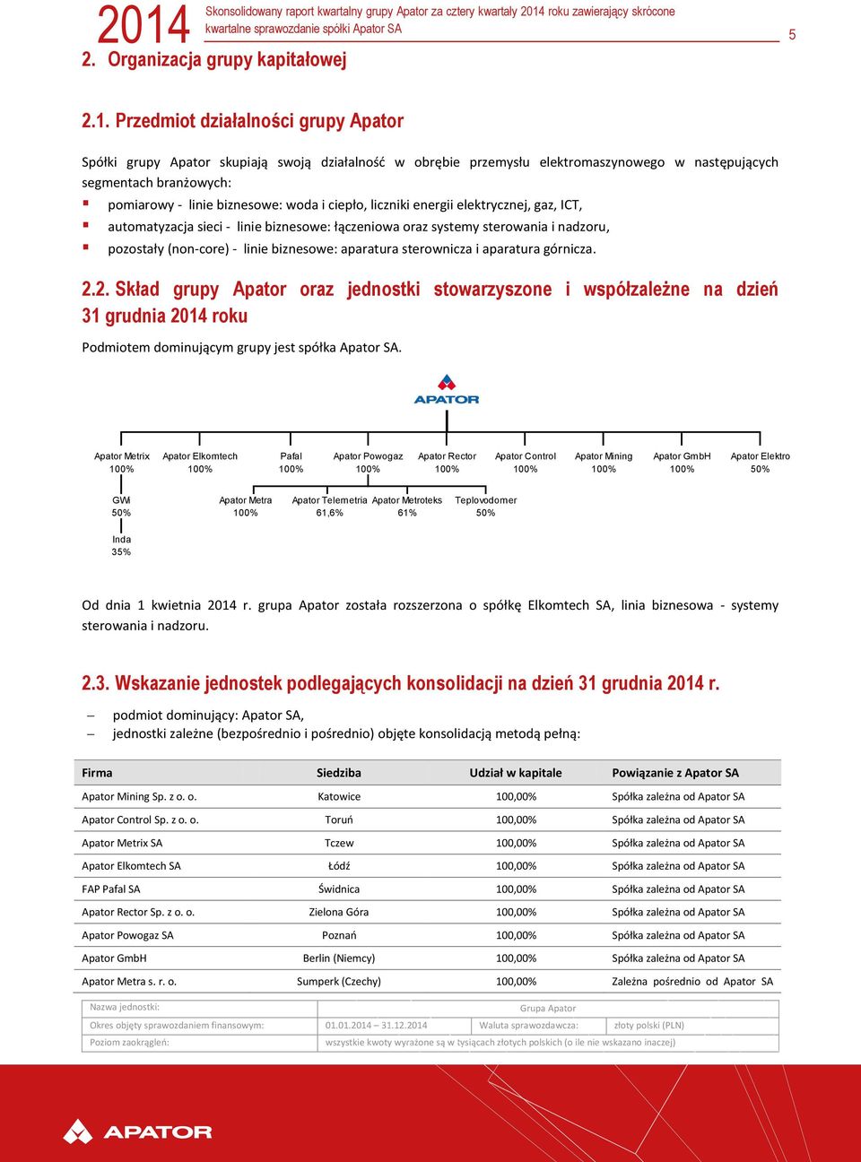 ciepło, liczniki energii elektrycznej, gaz, ICT, automatyzacja sieci - linie biznesowe: łączeniowa oraz systemy sterowania i nadzoru, pozostały (non-core) - linie biznesowe: aparatura sterownicza i