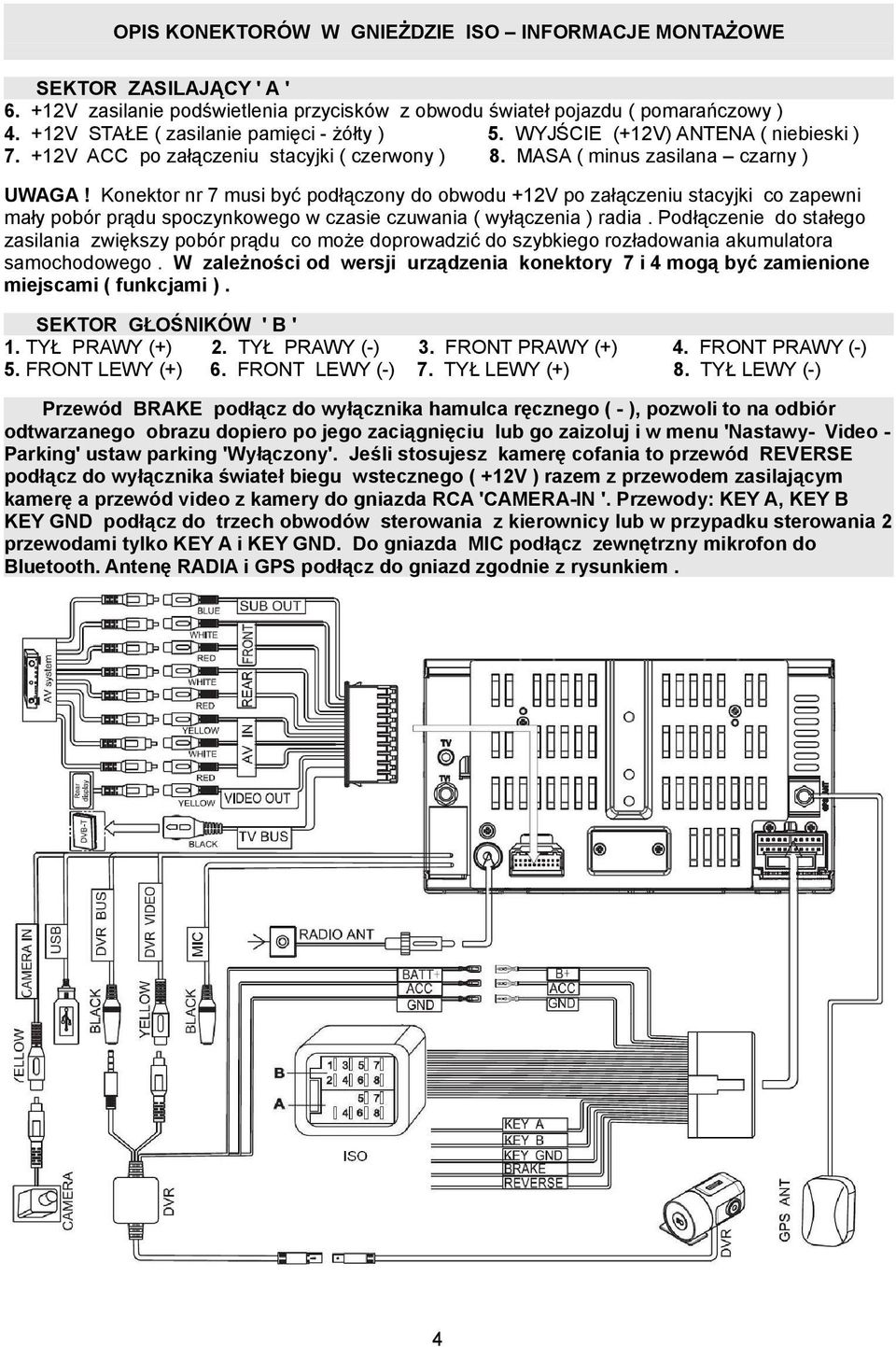 Konektor nr 7 musi być podłączony do obwodu +12V po załączeniu stacyjki co zapewni mały pobór prądu spoczynkowego w czasie czuwania ( wyłączenia ) radia.