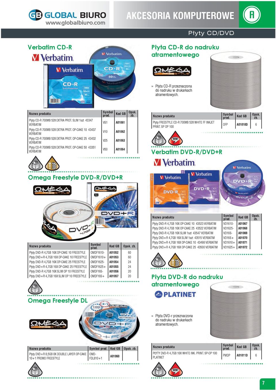 OP-CAKE 50 43351 VERBATIM VS1 V10 V25 V50 A01061 A01062 A01063 A01064 Płyty FREESTYLE CD-R 700MB 52X WHITE FF INKJET PRINT.