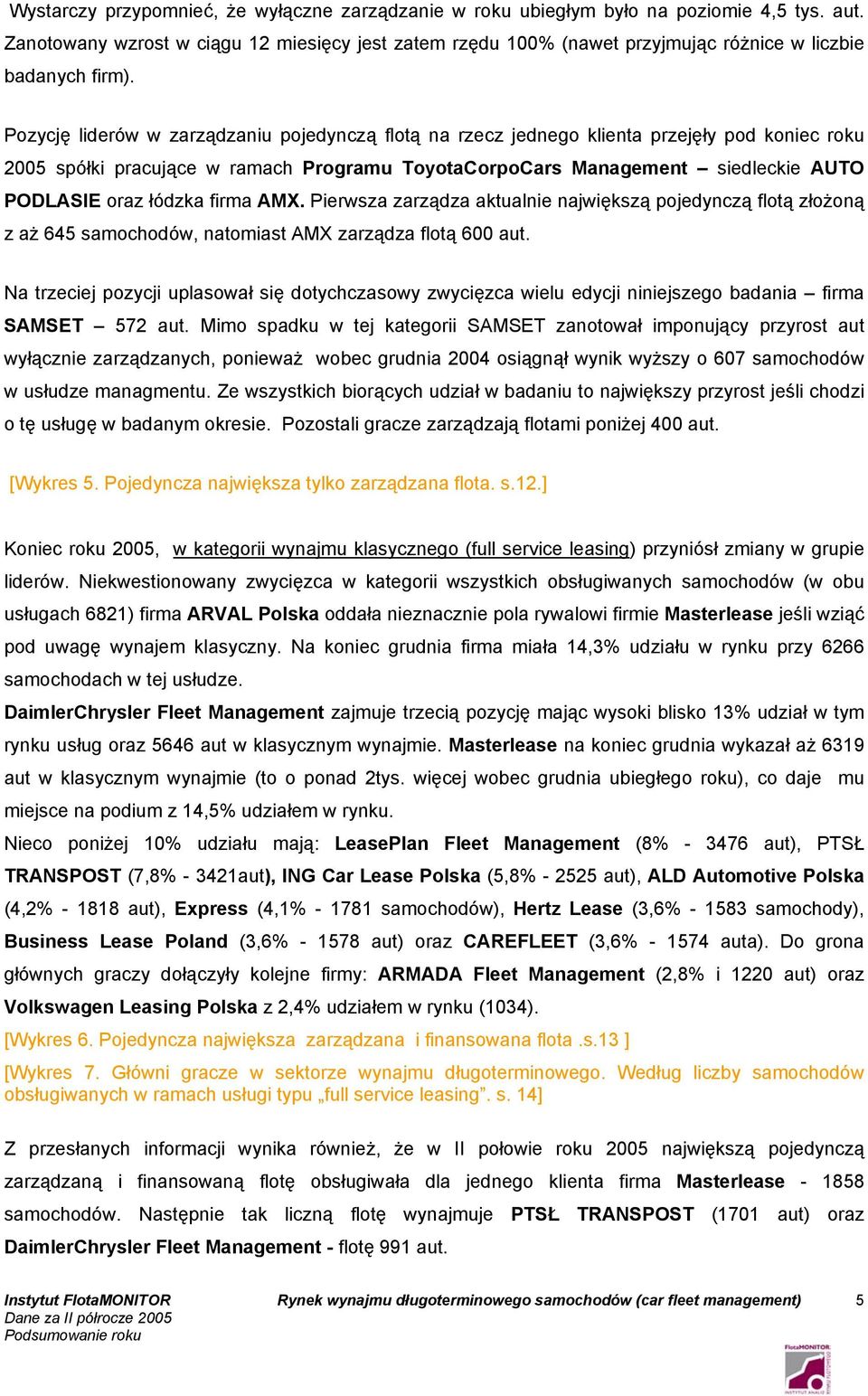 Pozycję liderów w zarządzaniu pojedynczą flotą na rzecz jednego klienta przejęły pod koniec roku 2005 spółki pracujące w ramach Programu ToyotaCorpoCars Management siedleckie AUTO PODLASIE oraz