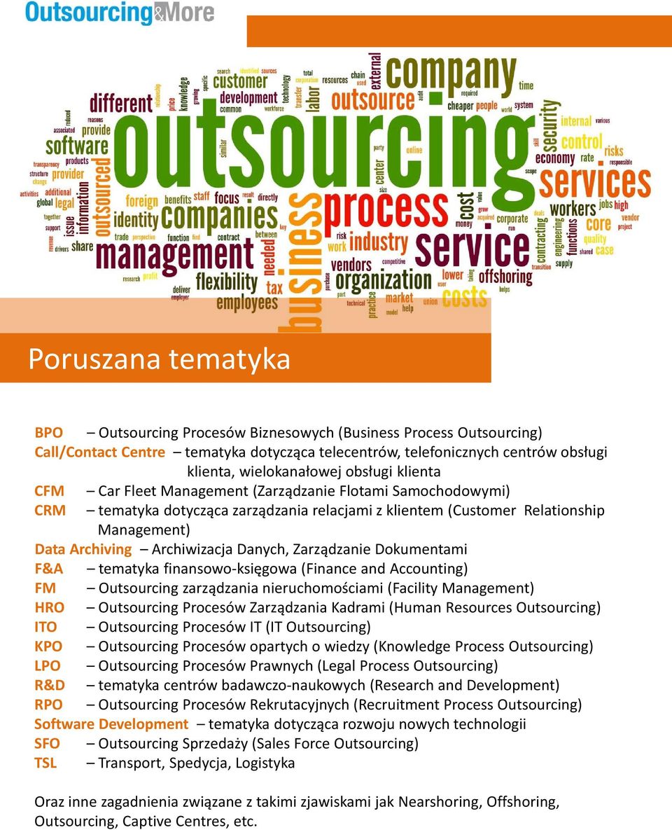 Danych, Zarządzanie Dokumentami F&A tematyka finansowo-księgowa (Finance and Accounting) FM Outsourcing zarządzania nieruchomościami (Facility Management) HRO Outsourcing Procesów Zarządzania Kadrami
