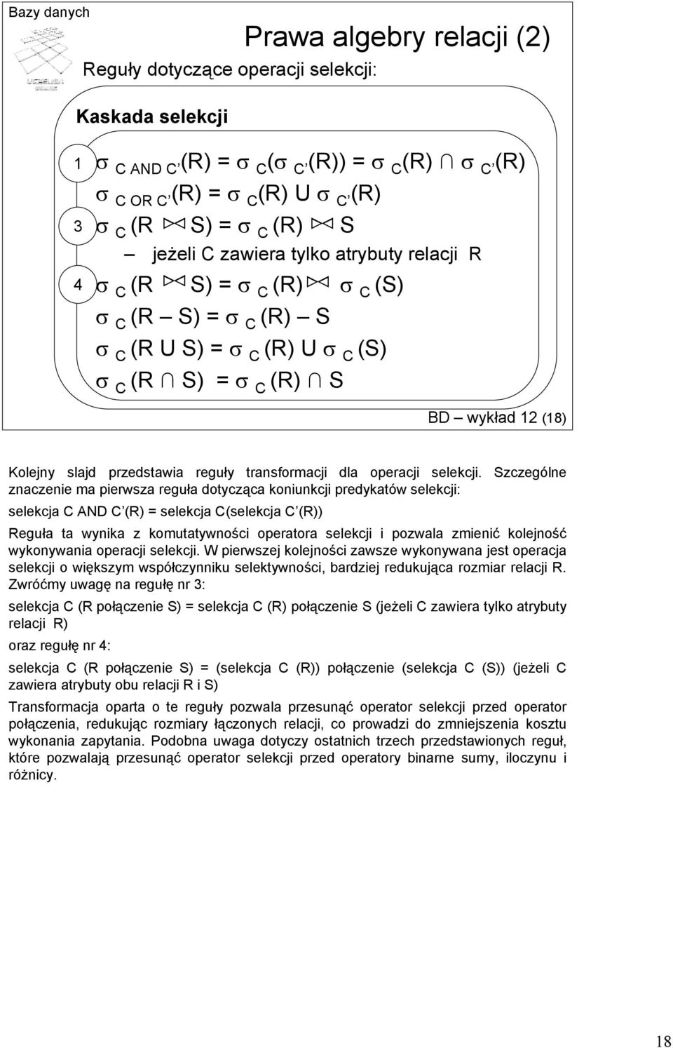 transformacji dla operacji selekcji.