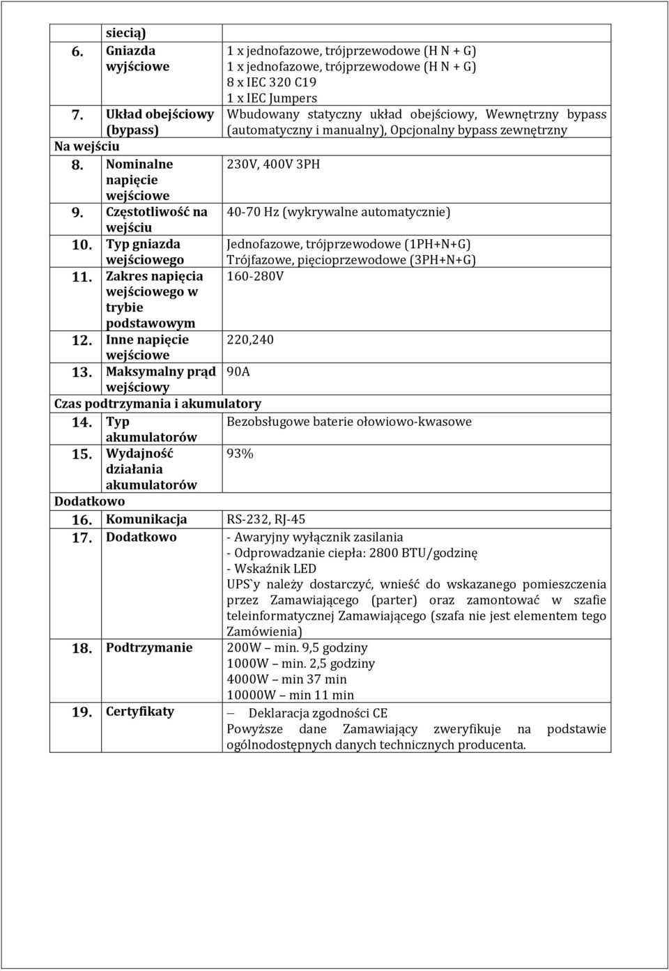 (automatyczny i manualny), Opcjonalny bypass zewnętrzny 7. Układ obejściowy (bypass) Na wejściu 8. Nominalne 230V, 400V 3PH napięcie wejściowe 9.