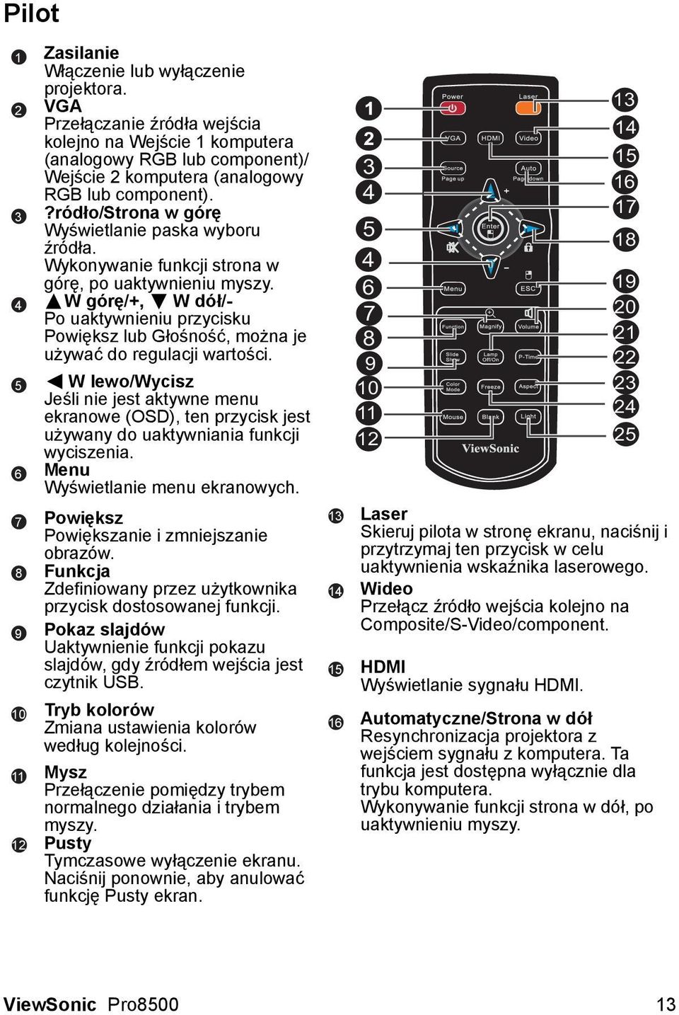 Wykonywanie funkcji strona w górę, po uaktywnieniu myszy. W górę/+, W dół/- Po uaktywnieniu przycisku Powiększ lub Głośność, można je używać do regulacji wartości.