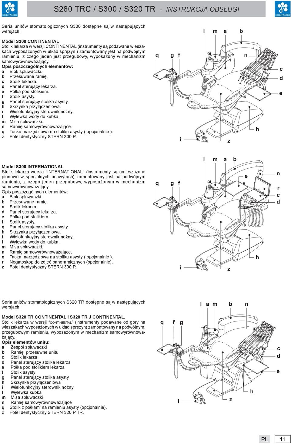 c Stolik lekarza. d Panel sterujący lekarza. e Półka pod stolikiem. f Stolik asysty. g Panel sterujący stolika asysty. h Skrzynka przyłączeniowa. i Wielofunkcyjny sterownik nożny.