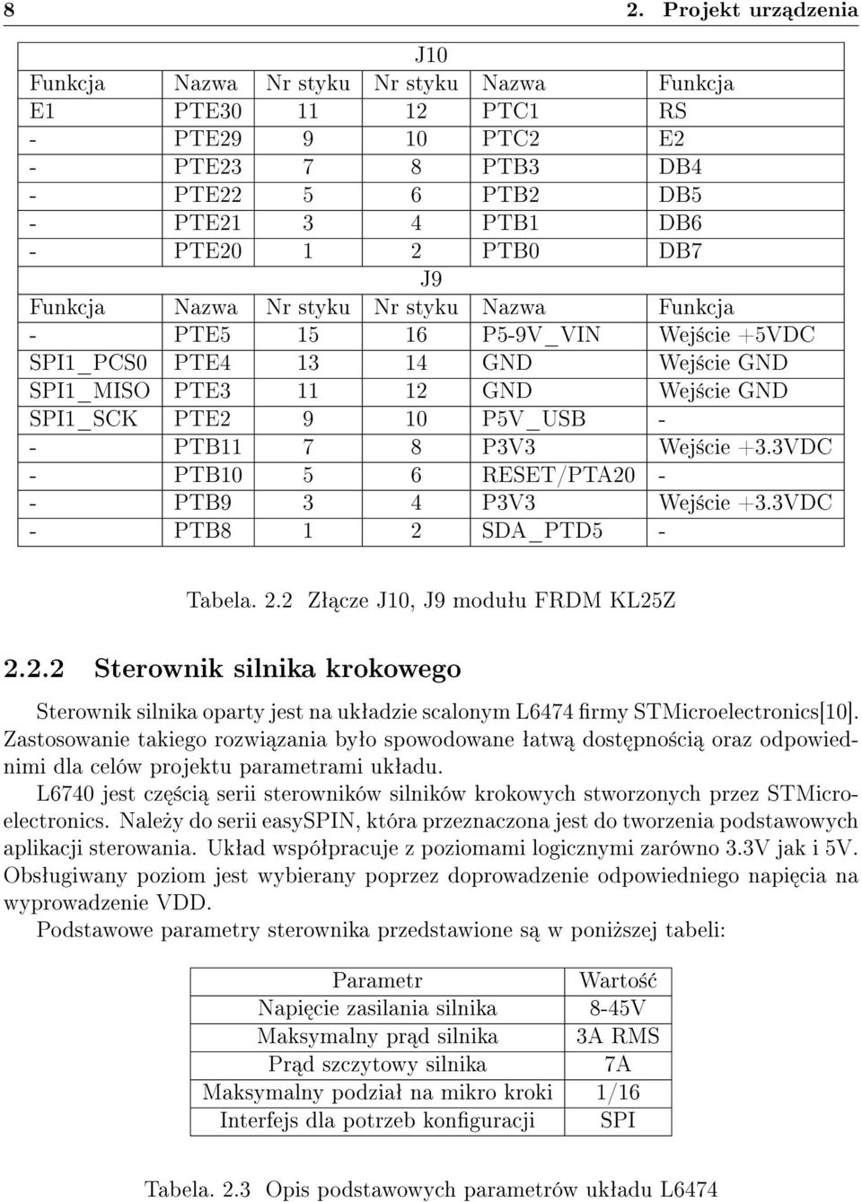 PTB11 7 8 P3V3 Wej±cie +3.3VDC - PTB10 5 6 RESET/PTA20 - - PTB9 3 4 P3V3 Wej±cie +3.3VDC - PTB8 1 2 SDA_PTD5 - Tabela. 2.2 Zª cze J10, J9 moduªu FRDM KL25Z 2.2.2 Sterownik silnika krokowego Sterownik silnika oparty jest na ukªadzie scalonym L6474 rmy STMicroelectronics[10].