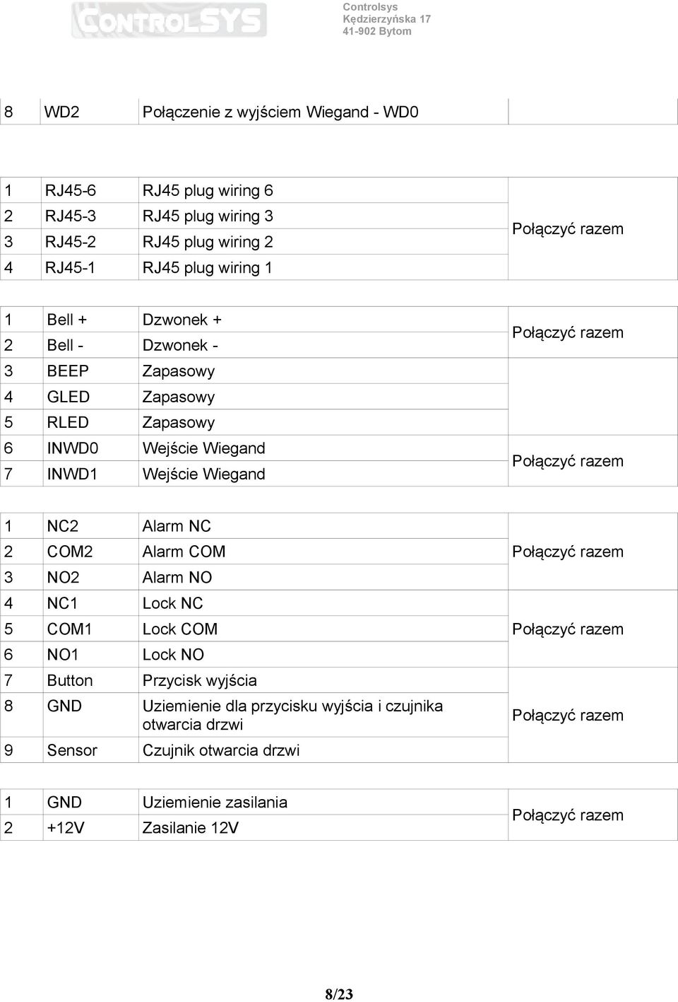 razem 1 NC2 Alarm NC 2 COM2 Alarm COM 3 NO2 Alarm NO 4 NC1 Lock NC 5 COM1 Lock COM 6 NO1 Lock NO 7 Button Przycisk wyjścia 8 GND Uziemienie dla przycisku wyjścia i