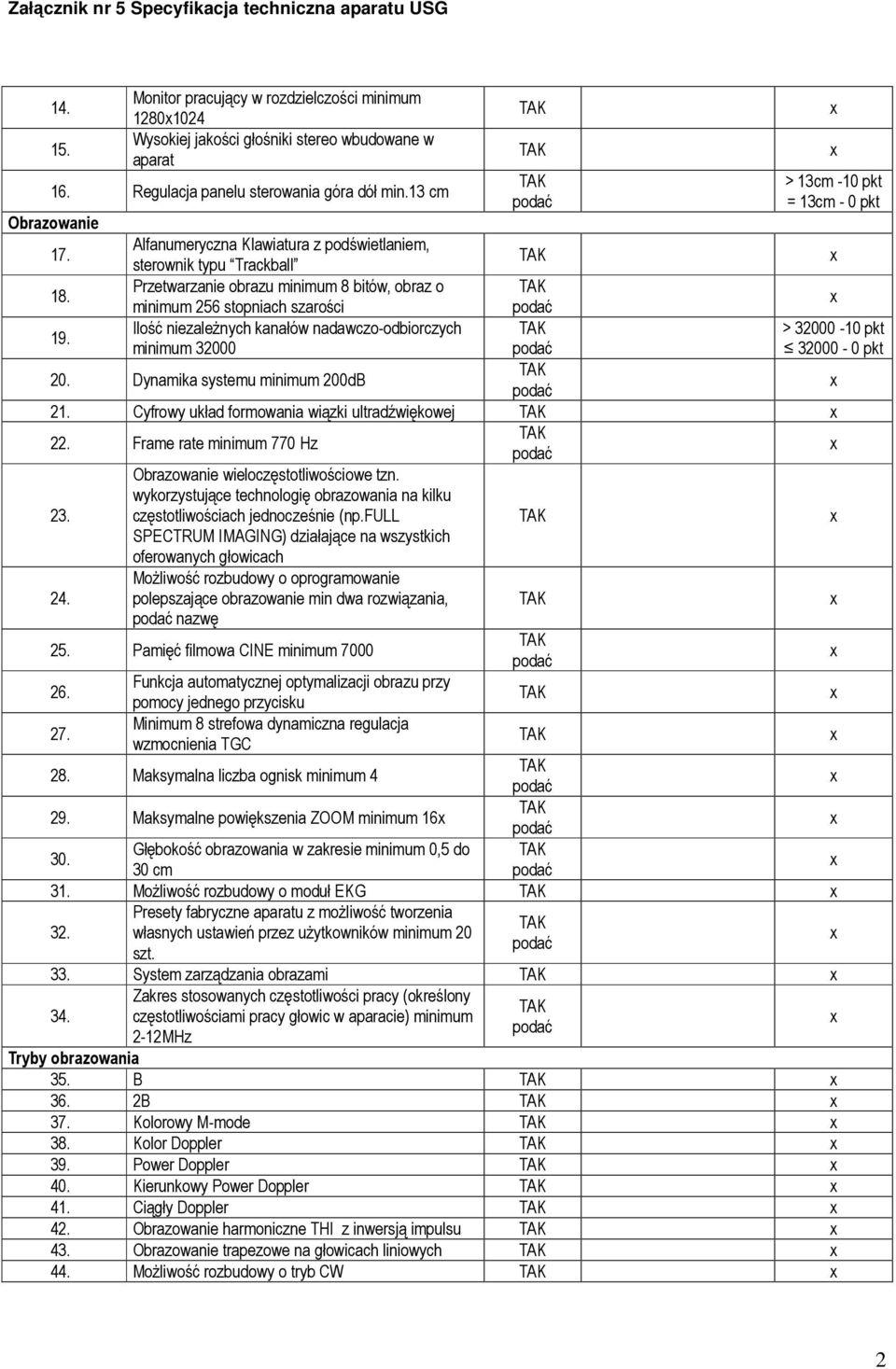 Przetwarzanie obrazu minimum 8 bitów, obraz o minimum 256 stopniach szarości 19. Ilość niezależnych kanałów nadawczo-odbiorczych minimum 32000 20. Dynamika systemu minimum 200dB 21.