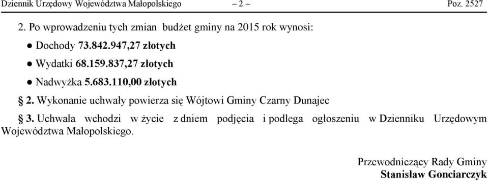 947,27 złotych Wydatki 68.159.837,27 złotych Nadwyżka 5.683.110,00 złotych 2.