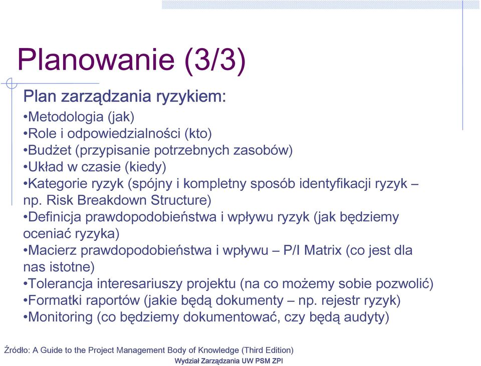 Risk Breakdown Structure) Definicja prawdopodobieństwa i wpływu ryzyk (jak będziemy oceniać ryzyka) Macierz prawdopodobieństwa i wpływu P/I