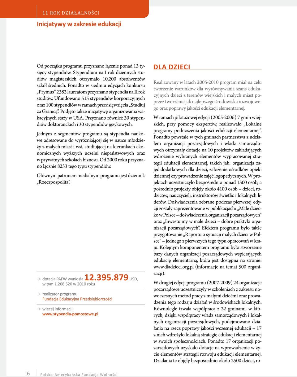 Ufundowano 515 stypendiów korporacyjnych oraz 100 stypendiów w ramach przedsięwzięcia Studiuj za Granicą. Podjęto także inicjatywę organizowania wakacyjnych staży w USA.