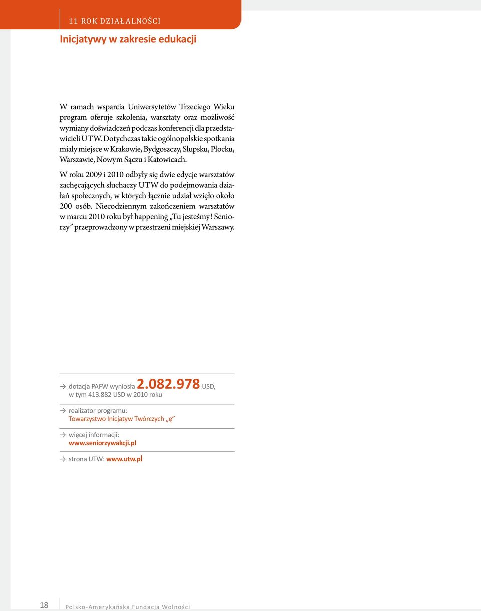 W roku 2009 i 2010 odbyły się dwie edycje warsztatów zachęcających słuchaczy UTW do podejmowania działań społecznych, w których łącznie udział wzięło około 200 osób.