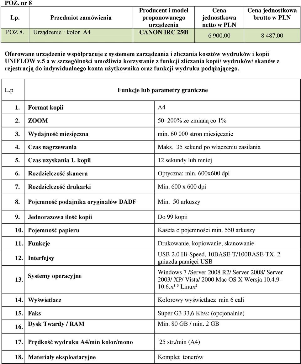 5 a w szczególności umożliwia korzystanie z funkcji zliczania kopii/ wydruków/ skanów z rejestracją do indywidualnego konta użytkownika oraz funkcji wydruku podążającego. 1. Format kopii A4 2.