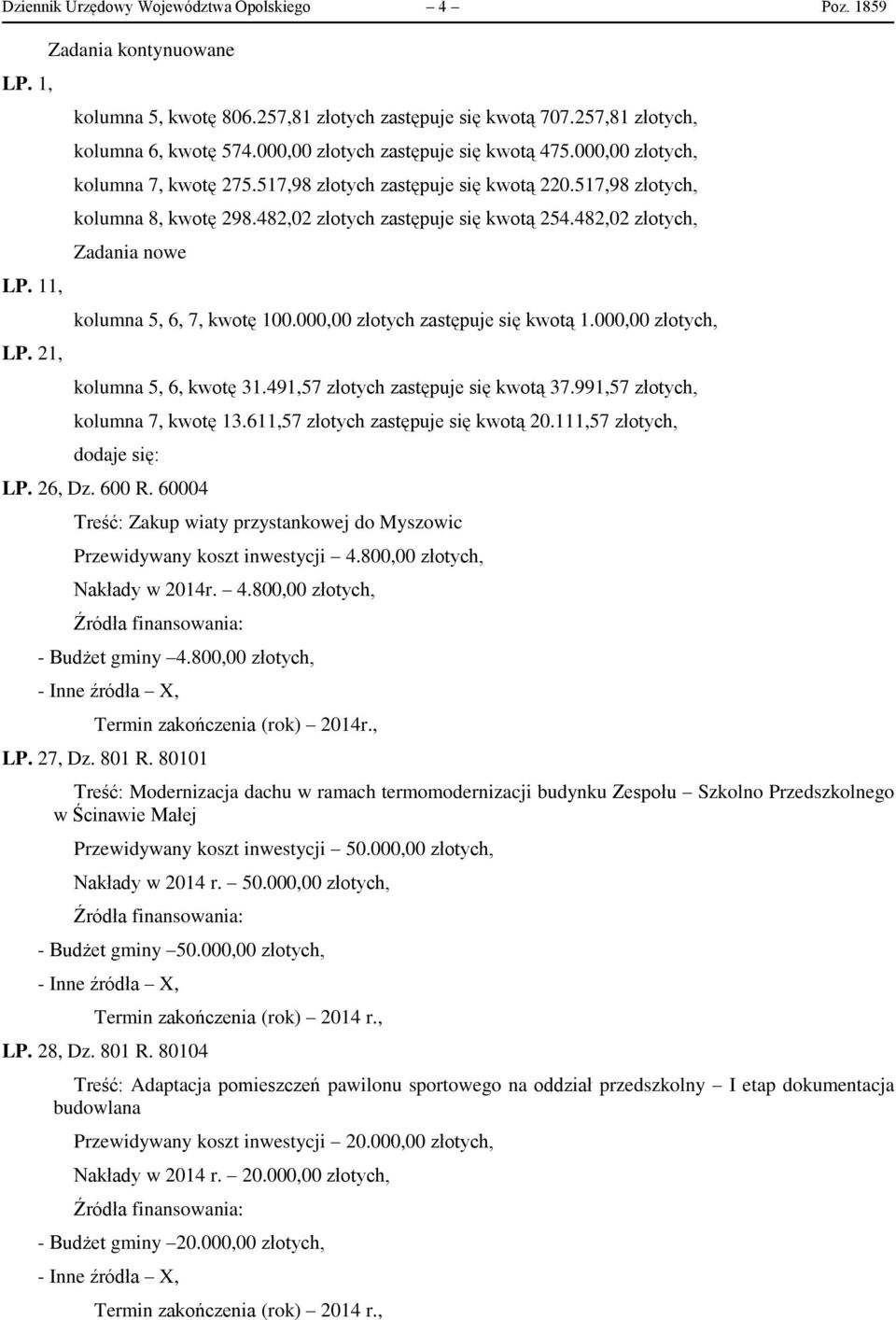 482,02 złotych, Zadania nowe kolumna 5, 6, 7, kwotę 100.000,00 złotych zastępuje się kwotą 1.000,00 złotych, kolumna 5, 6, kwotę 31.491,57 złotych zastępuje się kwotą 37.