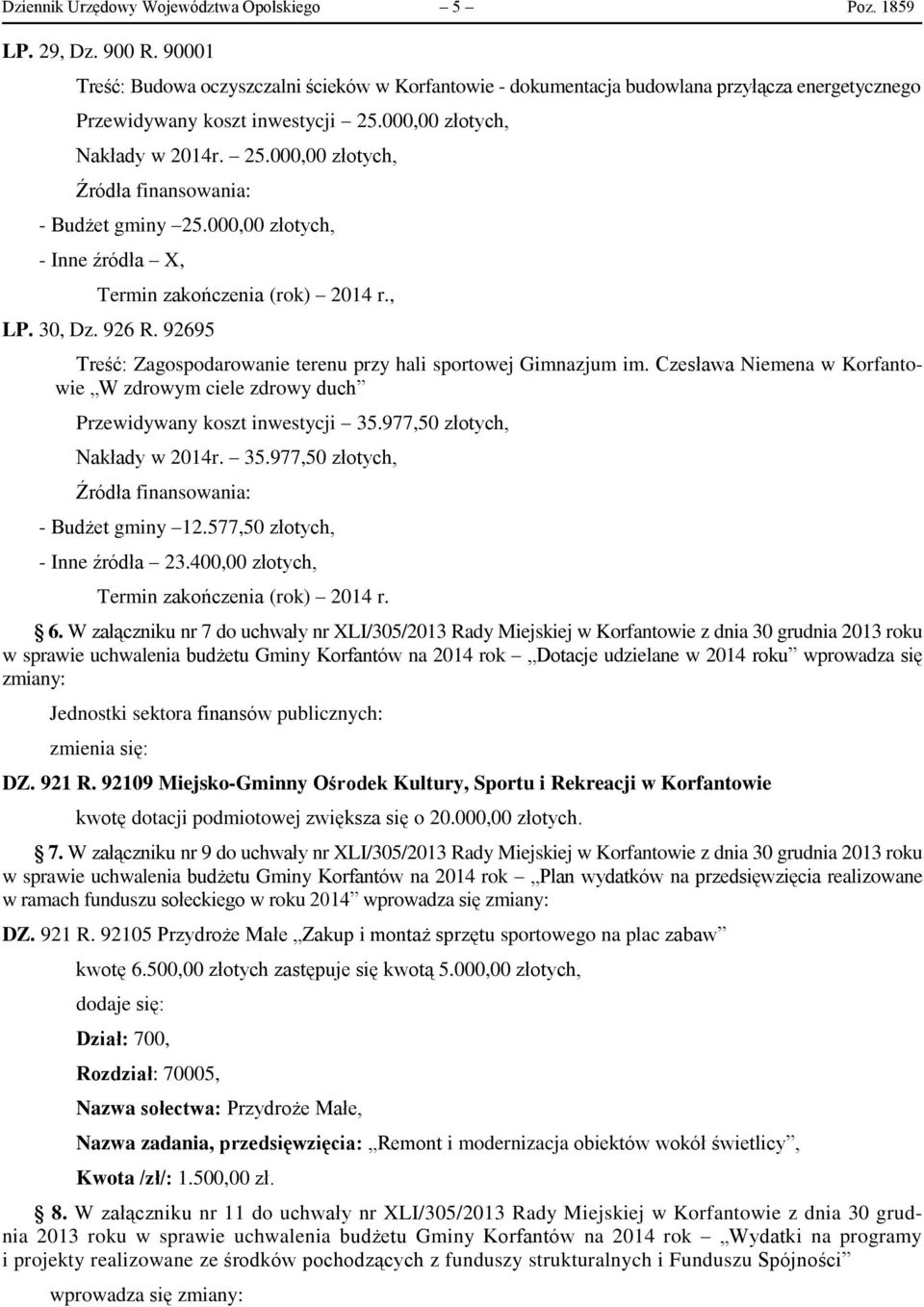 000,00 złotych, Termin zakończenia (rok) 2014 r., LP. 30, Dz. 926 R. 92695 Treść: Zagospodarowanie terenu przy hali sportowej Gimnazjum im.