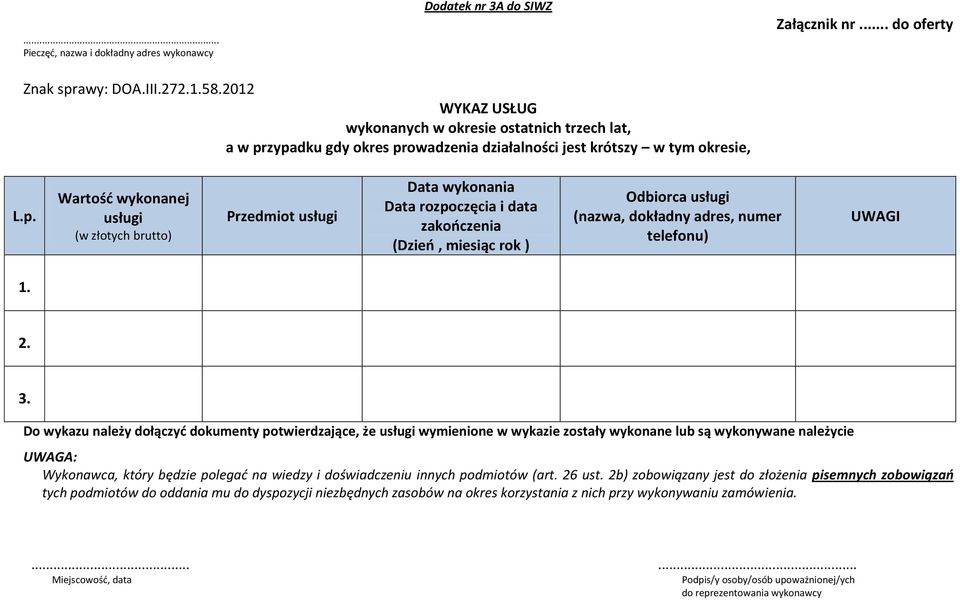 zypadku gdy okres prowadzenia działalności jest krótszy w tym okresie, L.p. Wartość wykonanej usługi (w złotych brutto) Przedmiot usługi Data wykonania Data rozpoczęcia i data zakończenia (Dzień,