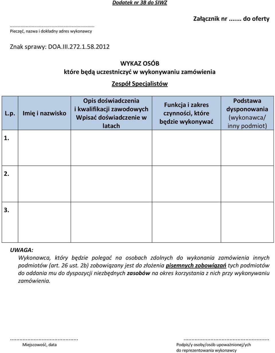 (wykonawca/ inny podmiot) 1. 2. 3. UWAGA: Wykonawca, który będzie polegać na osobach zdolnych do wykonania zamówienia innych podmiotów (art. 26 ust.