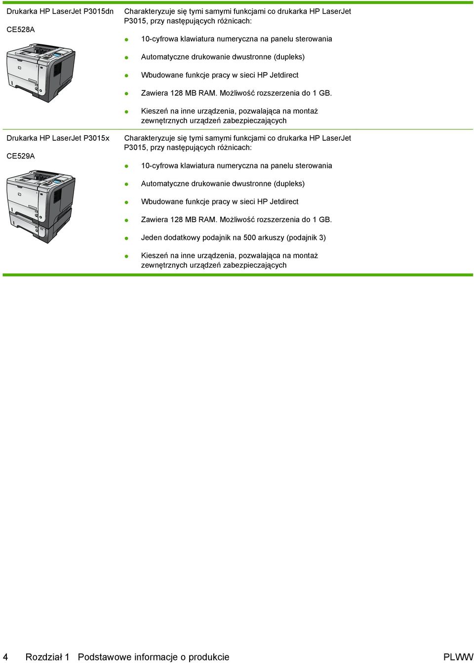 Kieszeń na inne urządzenia, pozwalająca na montaż zewnętrznych urządzeń zabezpieczających Drukarka HP LaserJet P3015x CE529A Charakteryzuje się tymi samymi funkcjami co drukarka HP LaserJet P3015,