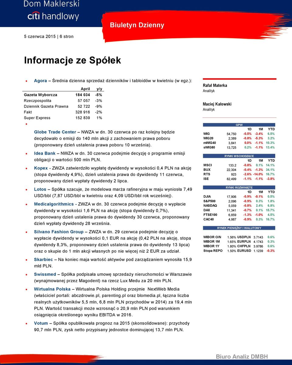 30 czerwca po raz kolejny będzie decydowało o emisji do 140 mln akcji z zachowaniem prawa poboru (proponowany dzień ustalenia prawa poboru 10 września). Idea Bank NWZA w dn.