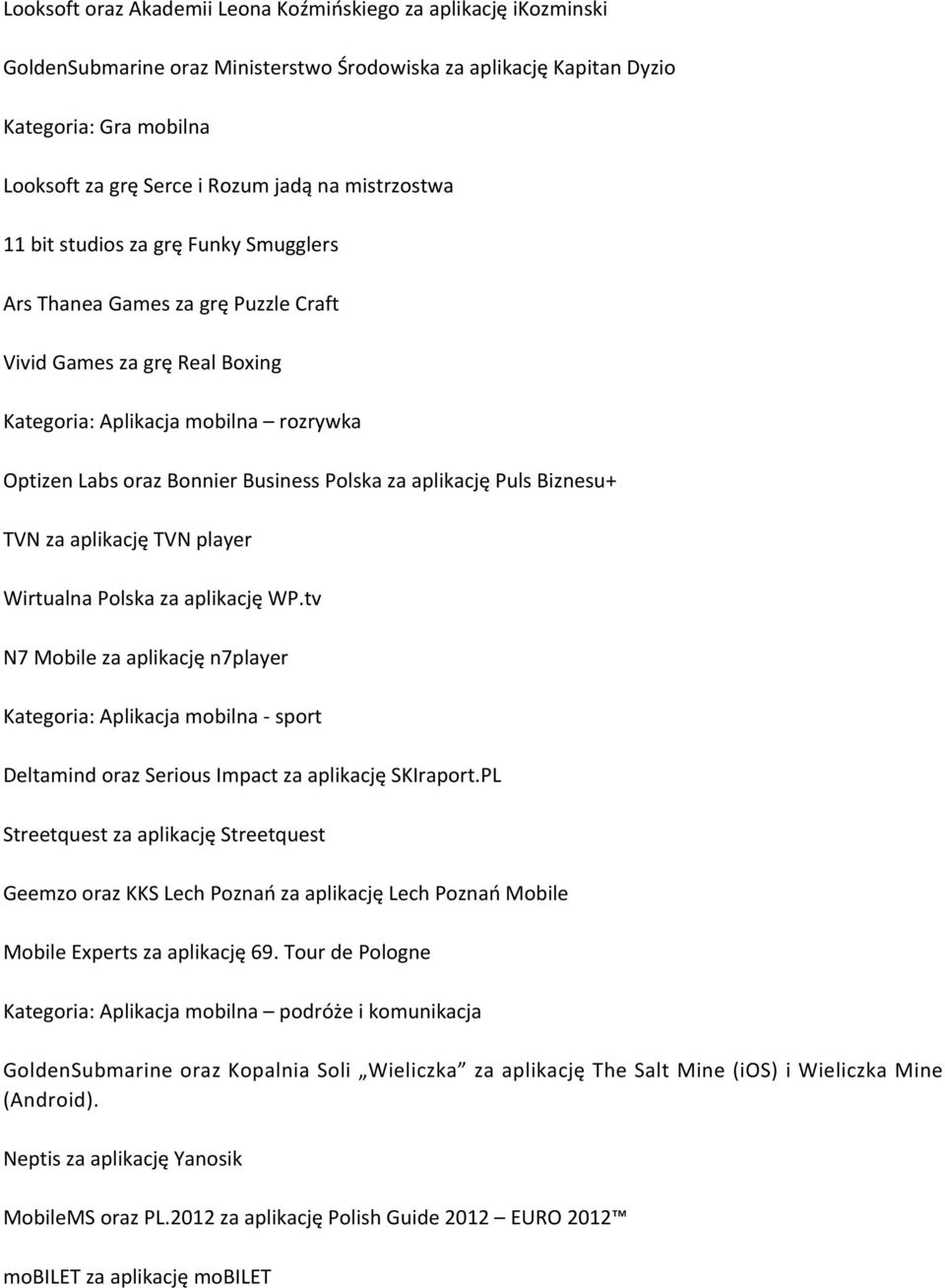 za aplikację Puls Biznesu+ TVN za aplikację TVN player Wirtualna Polska za aplikację WP.
