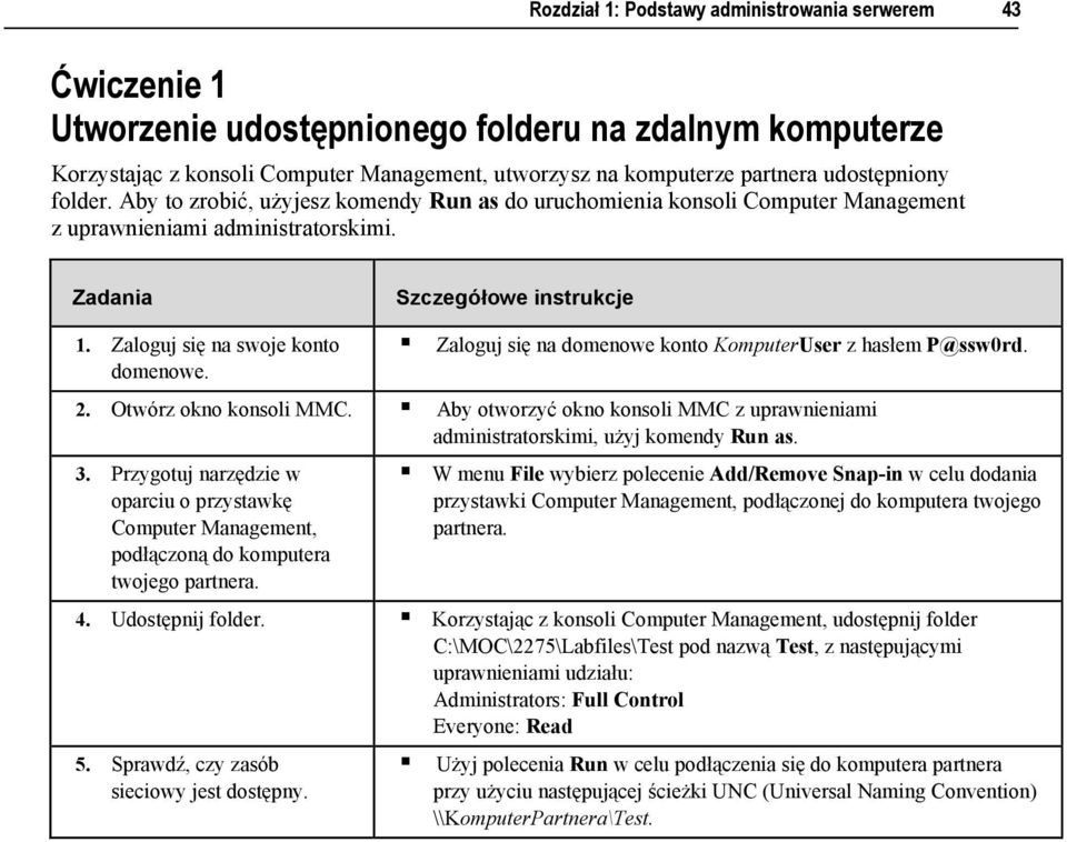 Zaloguj się na domenowe konto KomputerUser z hasłem P@ssw0rd. 2. Otwórz okno konsoli MMC. Aby otworzyć okno konsoli MMC z uprawnieniami administratorskimi, użyj komendy Run as. 3.