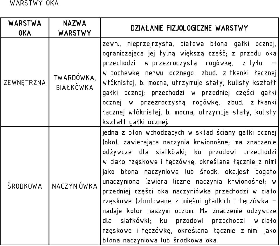 z tkanki łącznej włóknistej, b. mocna, utrzymuje stały, kulisty kształt gałki ocznej; przechodzi w przedniej części gałki ocznej w przezroczystą rogówkę, zbud. z tkanki łącznej włóknistej, b.