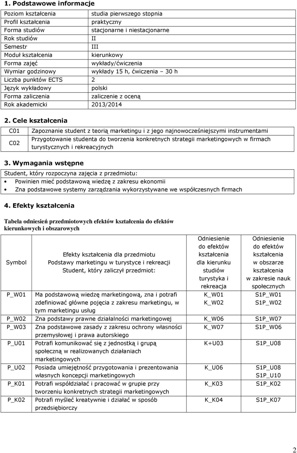 Cele C01 C0 Zapoznanie student z teorią i z jego najnowocześniejszymi instrumentami Przygotowanie studenta do tworzenia konkretnych strategii marketingowych w firmach turystycznych i rekreacyjnych 3.