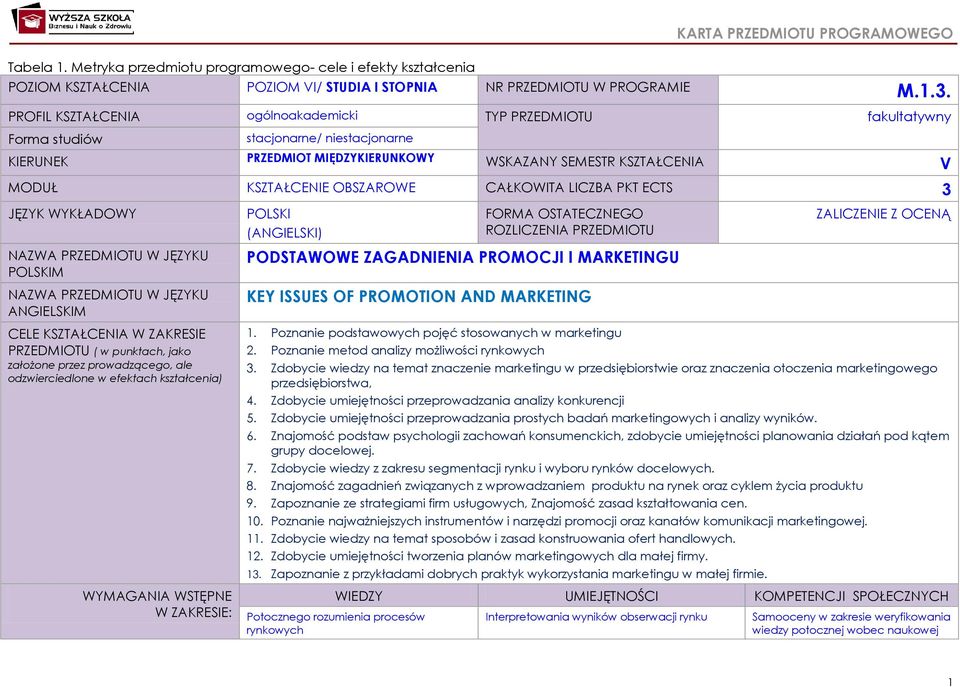 OBSZAROWE CAŁKOWITA LICZBA PKT ECTS 3 JĘZYK WYKŁADOWY NAZWA PRZEDMIOTU W JĘZYKU POLSKIM NAZWA PRZEDMIOTU W JĘZYKU ANGIELSKIM CELE KSZTAŁCENIA W ZAKRESIE PRZEDMIOTU ( w punktach, jako założone przez