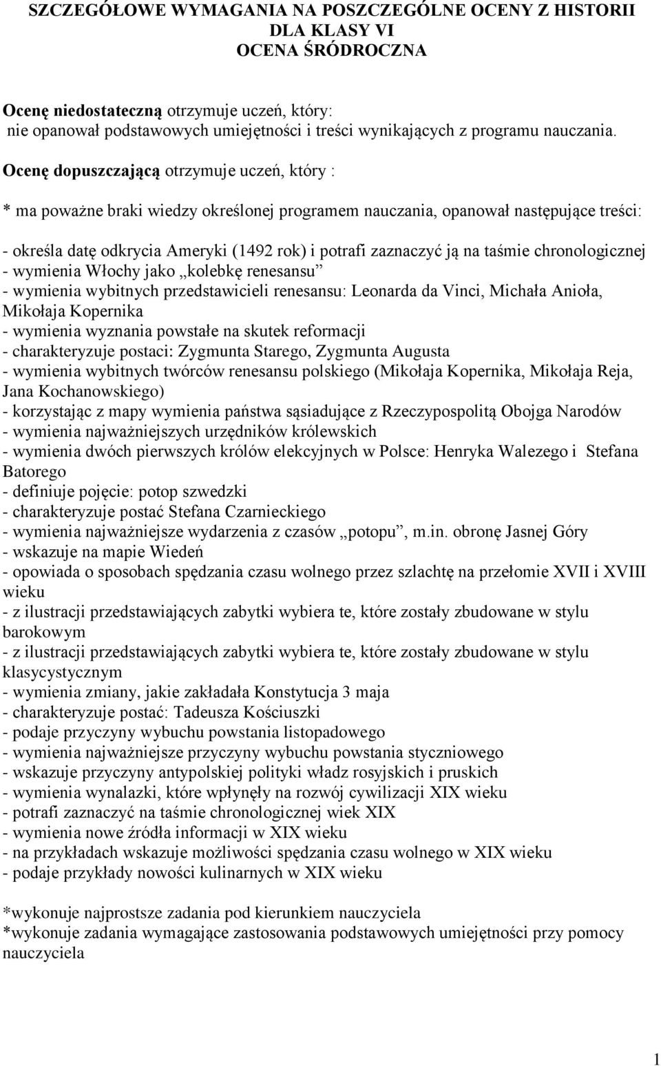 Ocenę dopuszczającą otrzymuje uczeń, który : * ma poważne braki wiedzy określonej programem nauczania, opanował następujące treści: - określa datę odkrycia Ameryki (1492 rok) i potrafi zaznaczyć ją