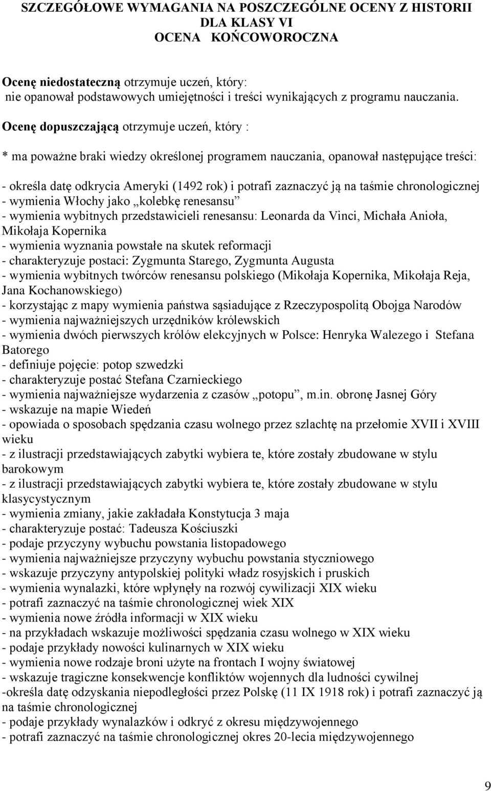 Ocenę dopuszczającą otrzymuje uczeń, który : * ma poważne braki wiedzy określonej programem nauczania, opanował następujące treści: - określa datę odkrycia Ameryki (1492 rok) i potrafi zaznaczyć ją