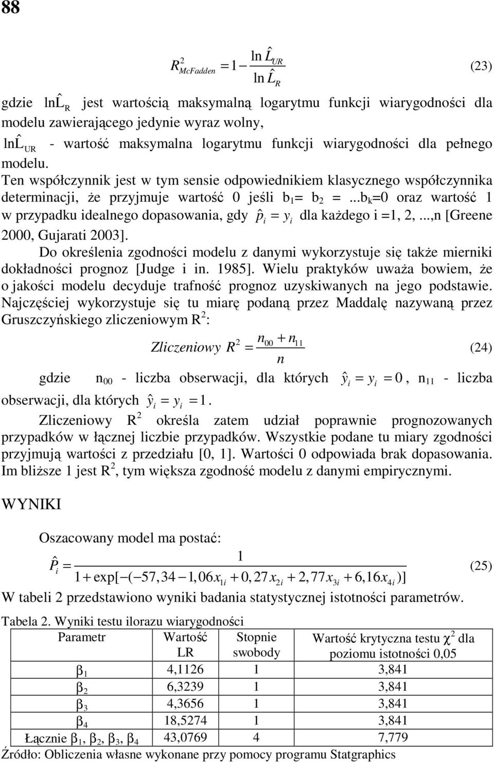 ..b k =0 oraz wartość w przypadku dealego dopasowaa, gdy pˆ = y dla kaŝdego =,,..., [Greee 000, Gujarat 003]. Do określea zgodośc modelu z daym wykorzystuje sę takŝe merk dokładośc progoz [Judge.