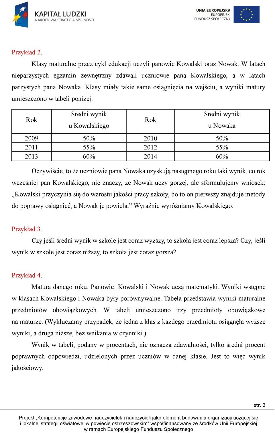 Rok Średni wynik u Kowalskiego Rok Średni wynik u Nowaka 2009 50% 2010 50% 2011 55% 2012 55% 2013 60% 2014 60% Oczywiście, to że uczniowie pana Nowaka uzyskują następnego roku taki wynik, co rok