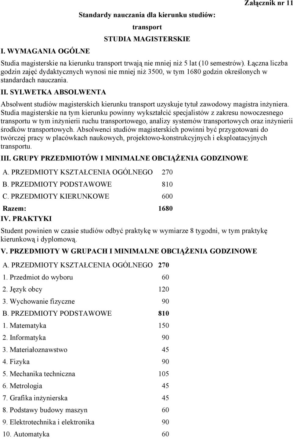 SYLWETKA ABSOLWENTA Absolwent studiów magisterskich kierunku transport uzyskuje tytuł zawodowy magistra inżyniera.